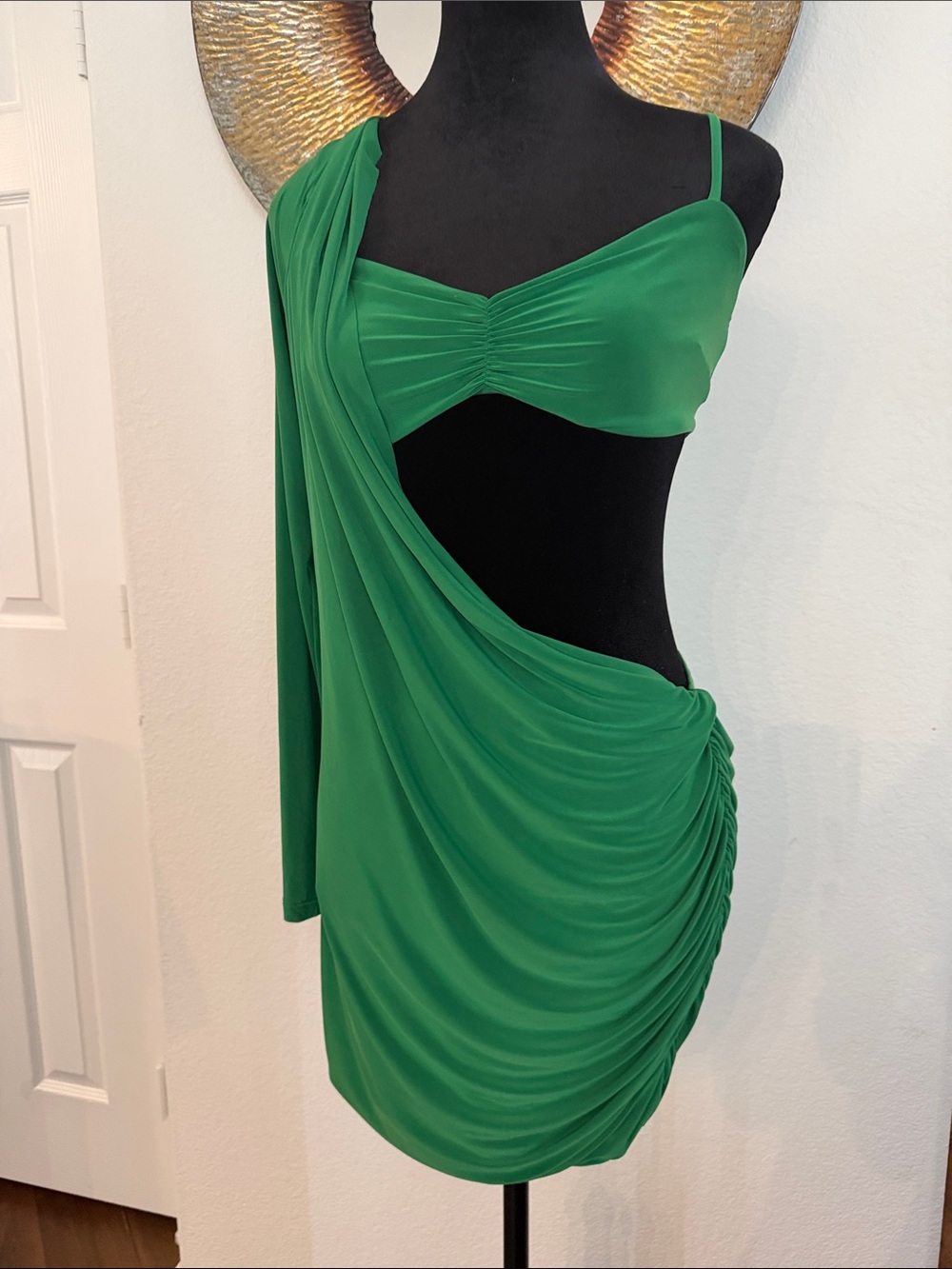12th Tribe Green Ruched One-Shoulder Cutout Dress